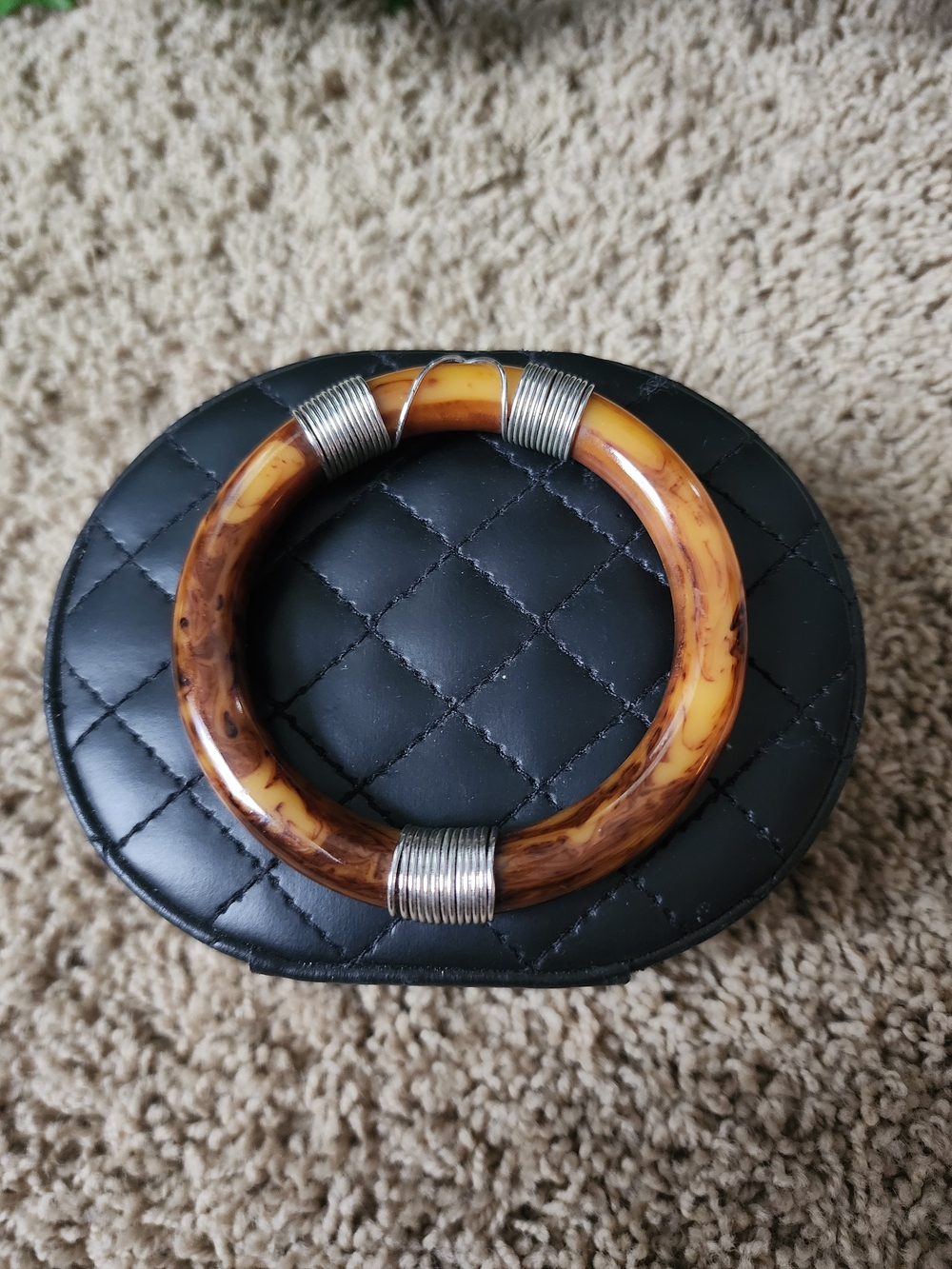 Brown Tortoiseshell Resin Bangle with Silver Accents - Women Accessories